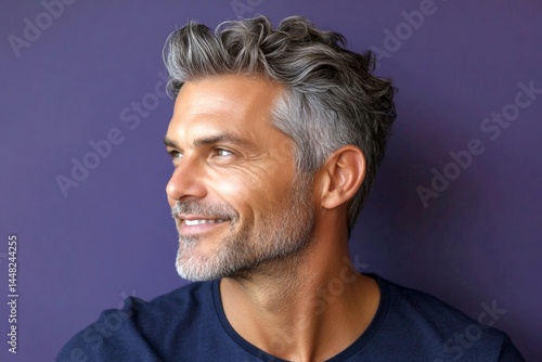 A happy and poised man radiating charm. Modish men's classic long sweep haircut - midlife white man with grey hair. Concept pattern image of style for aging men. Purple solid background.
