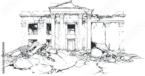 Black and white sketch of a large historical building in ruins with debris and cracks surrounding it, showing extensive damage and decay.