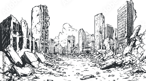Black and white illustration of a devastated city with ruined buildings and rubble in a post apocalyptic setting