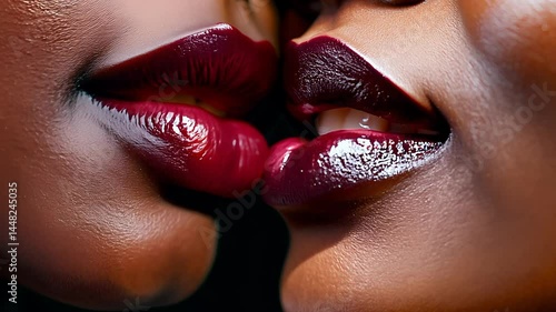 Close-up video of mature ebony and youthful light almond women kissing, lips with merlot shimmer, dramatic side light casting shadows. slow zoom effect. Sensual connection atmosphere