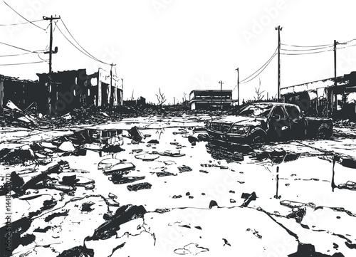 Black and white illustration of a devastated urban street with abandoned wrecked vehicles and destroyed buildings