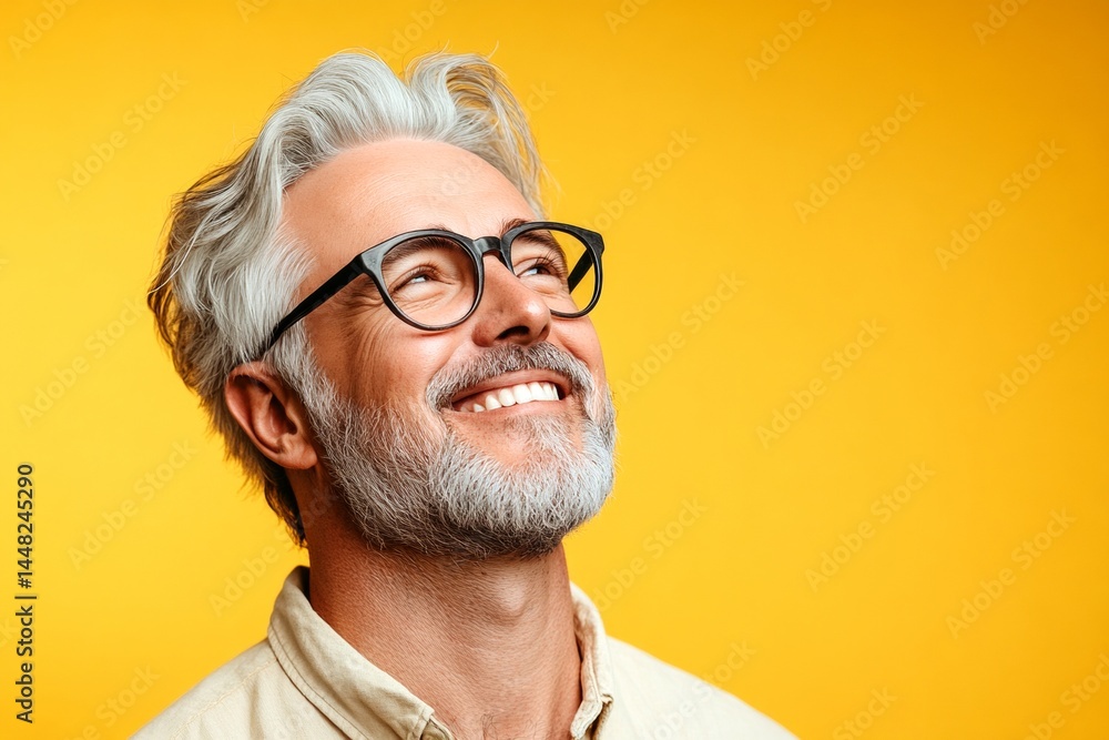 A proud and confident gentleman standing tall. Creative of style for aging men. Chic men's classic long sweep haircut - midlife white man with grey hair. Yellow solid background.
