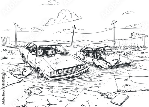 Abandoned damaged cars partially submerged in cracked road in a desolate urban landscape with telephone poles and cloudy sky.