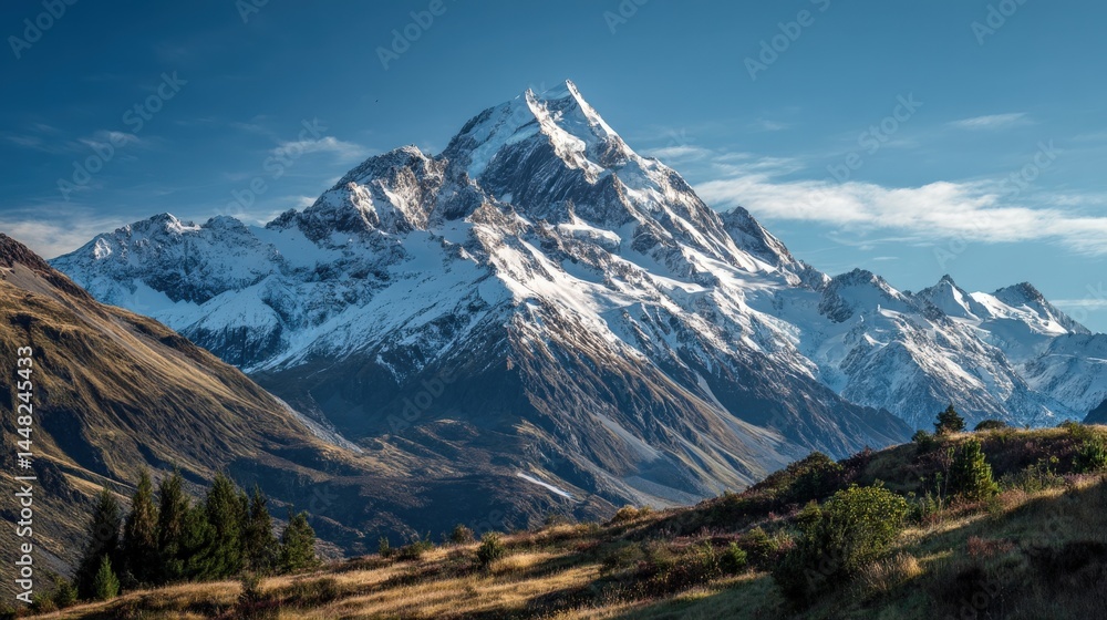 Majestic Mountain Landscape with Snow-Capped Peaks and Clear Sky Majestic Mountain Landscape with Snow-Capped Peaks and Clear Sky