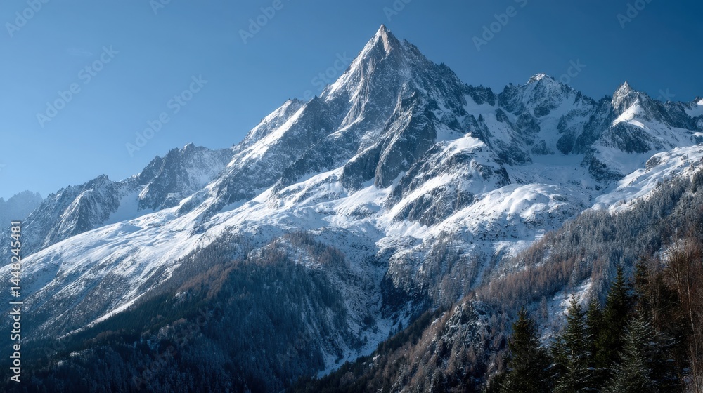 Fototapeta premium Majestic Snow-Capped Mountain Peak Under Clear Blue Sky