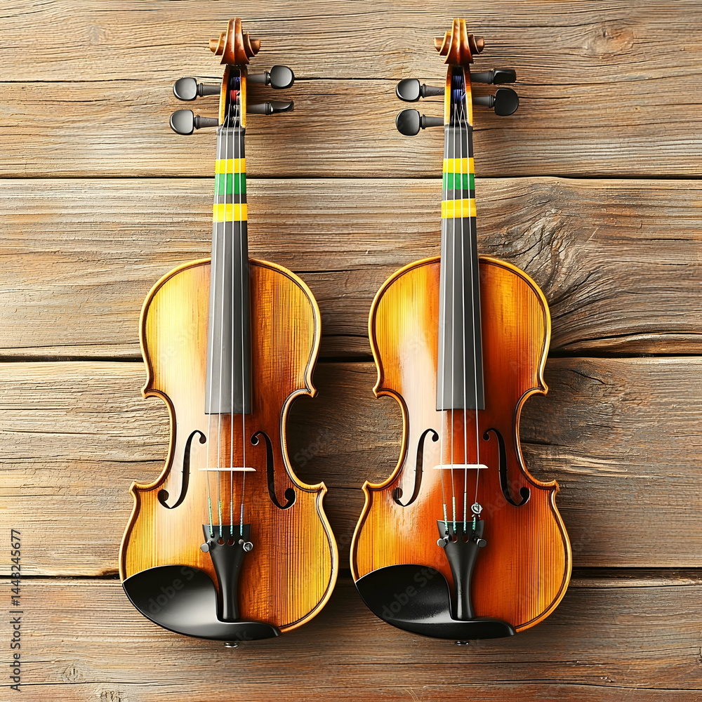 Fototapeta premium Two violins on wooden background, music instruments comparison, overhead shot, for musical education