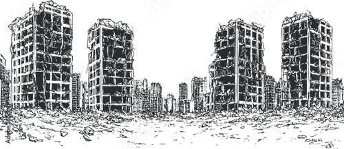 Black and white illustration of a post-apocalyptic cityscape with ruined and destroyed buildings surrounded by rubble and debris