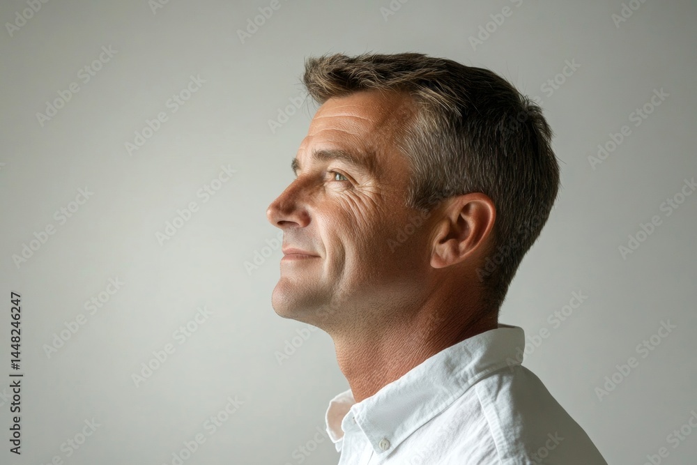 Visual idea of style for aging men. Trendy men's classic short back and sides haircut - midlife white man with blond hair. Pure white solid background. A happy and poised man radiating charm.