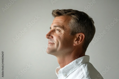 Obraz na płótnie Visual idea of style for aging men. Trendy men's classic short back and sides haircut - midlife white man with blond hair. Pure white solid background. A happy and poised man radiating charm. w salonie