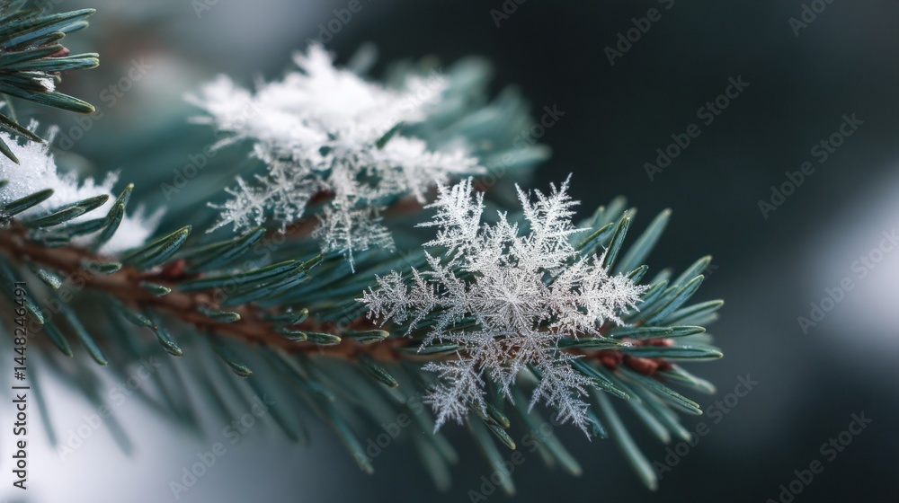 Beautiful Snowflakes on Evergreen Branch in Winter Wonderland Beautiful Snowflakes on Evergreen Branch in Winter Wonderland