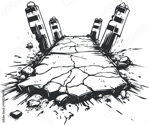 Cracked and broken asphalt road with damaged pavement and debris illustrating urban decay and deterioration