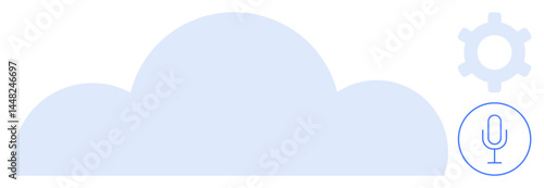 Cloud shape with gear and microphone icons suggesting cloud computing, voice recognition, settings, and communication. Ideal for technology, innovation, data, AI, settings communication flat simple