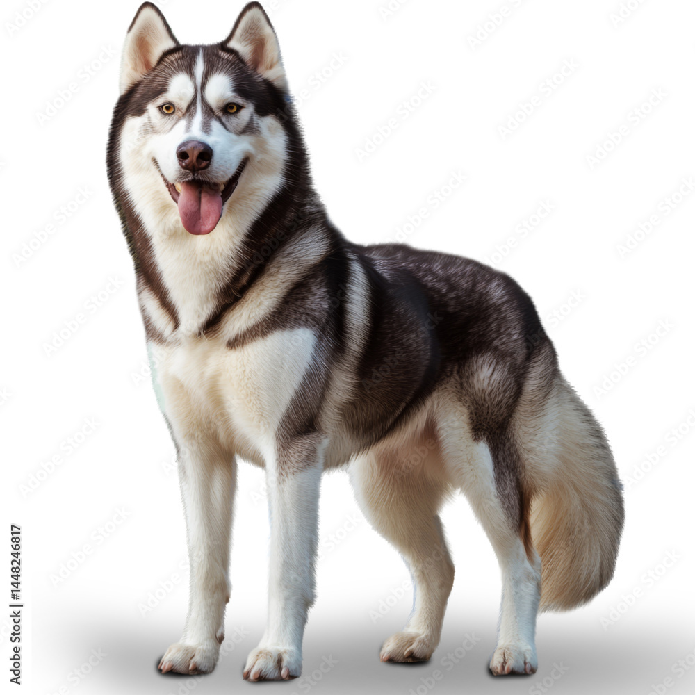 A majestic Siberian Husky stands tall and graceful, showing off his striking black and white fur, bright blue eyes, and friendly demeanor on a transparent background. A majestic Siberian Husky stands tall and graceful, showing off his striking black and white fur, bright blue eyes, and friendly demeanor on a transparent background.
