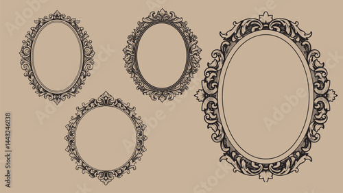Intricate Victorian oval frame with engraved floral details in vintage woodcut style for classic design