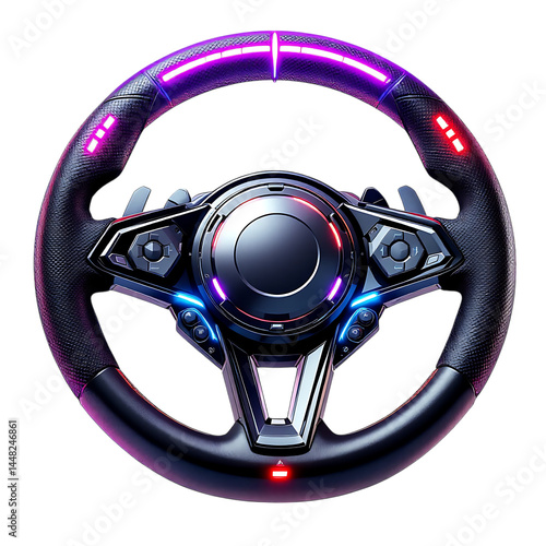 Futuristic RGB gaming steering wheel.