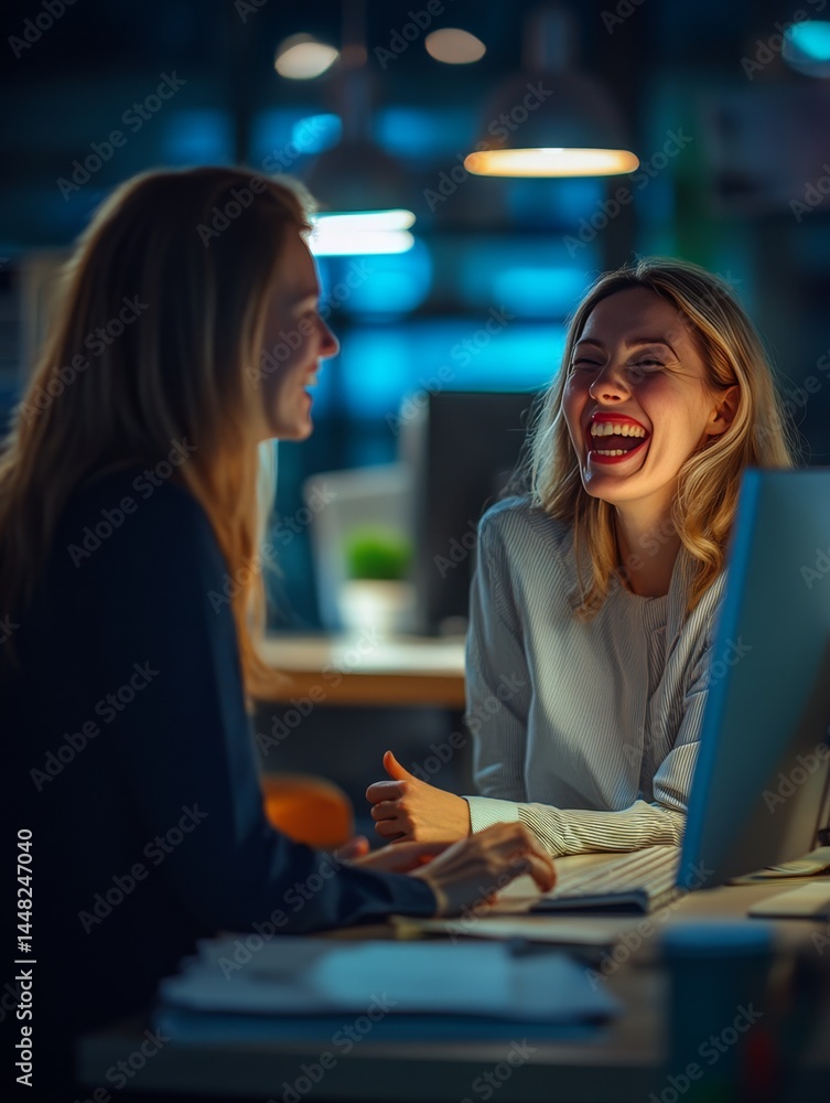 Fototapeta premium Two young, pretty, blonde women laughing together at a desk in an office environment. One is holding a computer mouse.