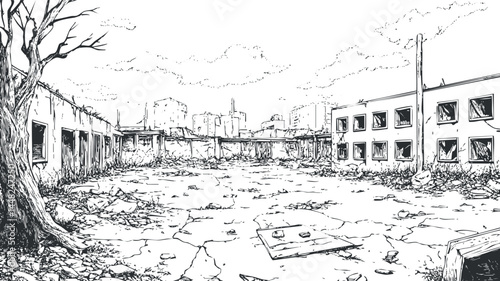 Black and white illustration of an abandoned urban ruin with cracked ground and broken buildings