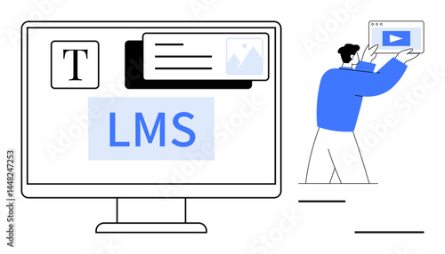 Digital workspace featuring LMS on a monitor, text blocks, multimedia tools, and a user holding tablet. Ideal for e-learning, education, software demo, content creation, training technology simple