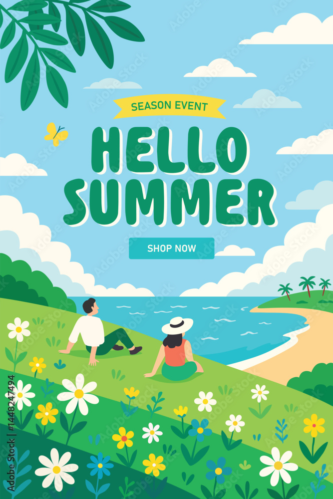 Obraz premium Hello summer landscape illustration with couple sitting on meadow near sea and flowers, season event