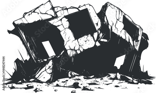 Black and white illustration of broken stone ruins with cracks and debris scattered around