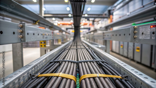 High voltage cables bundled and secured on metal trays inside industrial electrical facility with bright lighting and organized wiring system