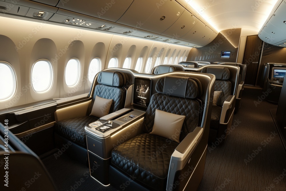 Business class cabin featuring luxurious leather seating and premium entertainment systems aboard international flight. Exclusive travel accommodations. Executive comfort during long journey.