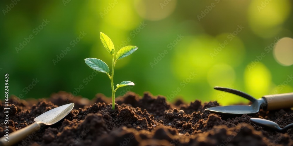A Tiny Sprout Emerging from Rich Earth, Symbolizing Growth and Renewal in a Vibrant Natural Setting with Gardening Tools Nearby A Tiny Sprout Emerging from Rich Earth, Symbolizing Growth and Renewal in a Vibrant Natural Setting with Gardening Tools Nearby