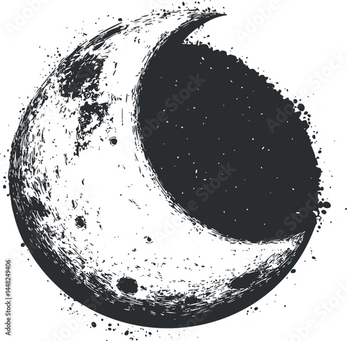 Grunge style black and white crescent moon illustration with textured craters and rough edges isolated on white background.