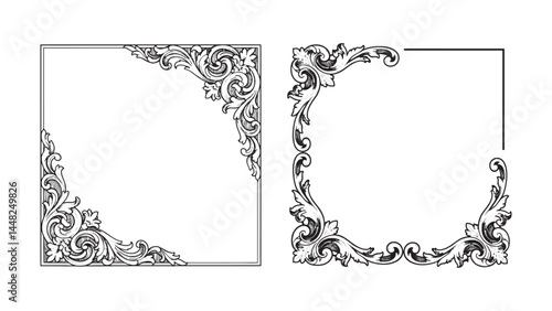 Elegant ornate Baroque frame with scrolling floral patterns engraved in vintage woodcut style for decoration