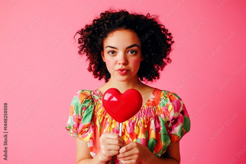 Professional studio pic, copy space. Cute Valentine's Day greeting. Isolated white young woman on pink background with lollipop heart in hands.