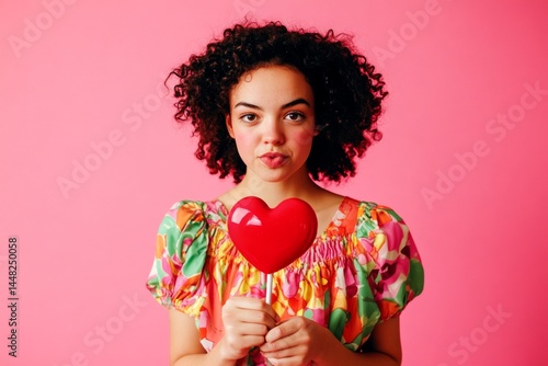Professional studio pic, copy space.  Cute Valentine's Day greeting.  Isolated white young woman on pink background with lollipop heart in hands.