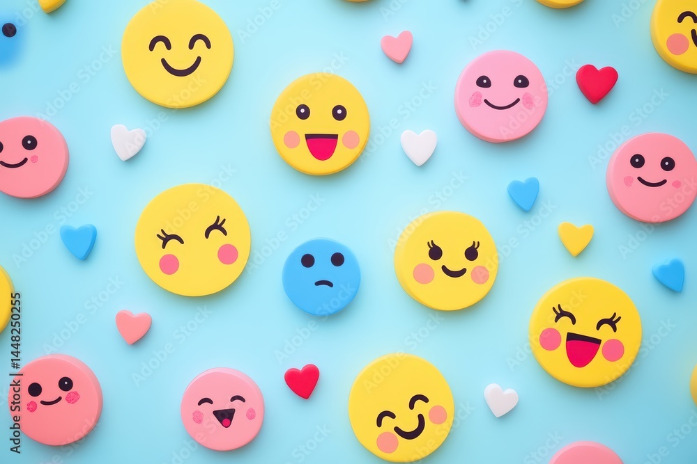 Quirky emoji background featuring exaggerated facial expressions like laughing, crying, and winking on a vibrant digital backdrop, ideal for humorous designs, memes, or youth branding.