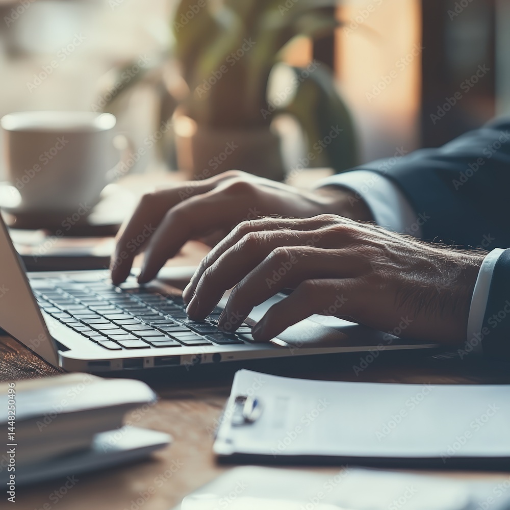 Close-up of a man typing on laptop at modern desk. Professional freelance workspace in a digital business setting. Modern remote work life. Digital workplace where planning and communication meet.