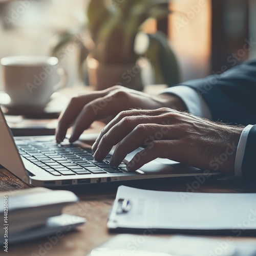 Obraz na płótnie Close-up of a man typing on laptop at modern desk. Professional freelance workspace in a digital business setting. Modern remote work life. Digital workplace where planning and communication meet. w salonie