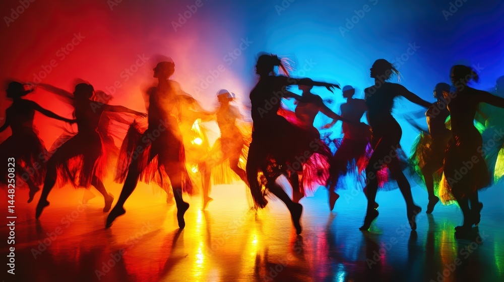High-energy jazz performance with professional dancers in vibrant costumes captured mid-motion on a dynamic stage, expressing rhythm, attitude, and movement in an electrifying cultural showcase.