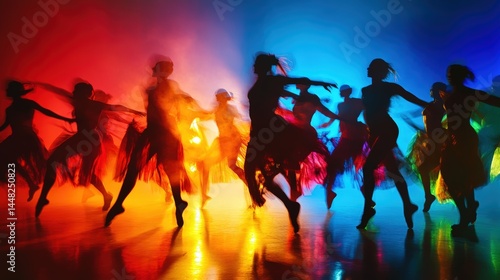 High-energy jazz performance with professional dancers in vibrant costumes captured mid-motion on a dynamic stage, expressing rhythm, attitude, and movement in an electrifying cultural showcase.