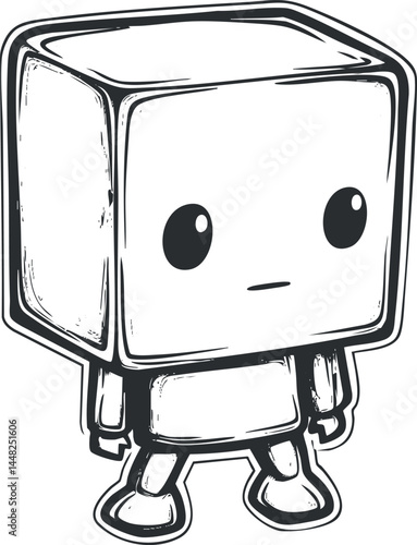 Black and white cartoon illustration of a cube-headed character with simple facial features and limbs