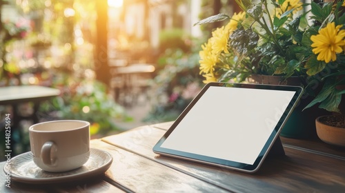 Tablet and Coffee on Wooden Table in Outdoor Cafe with Yellow Flowers and Bokeh Background