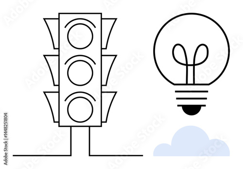 Traffic light with blank signals next to a glowing light bulb above a small cloud. Ideal for innovation, decision-making, creativity, traffic systems, guidance, progress, conceptual thinking. Flat