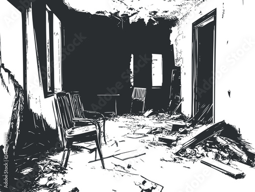 Abandoned and damaged interior room with broken chairs and scattered debris on the floor