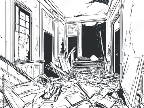 Illustration of an abandoned ruined hallway filled with broken debris and damaged walls in decay