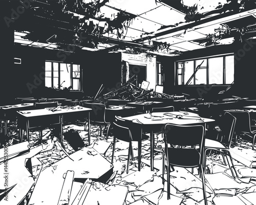 Black and white image of a destroyed and abandoned classroom filled with debris and broken furniture