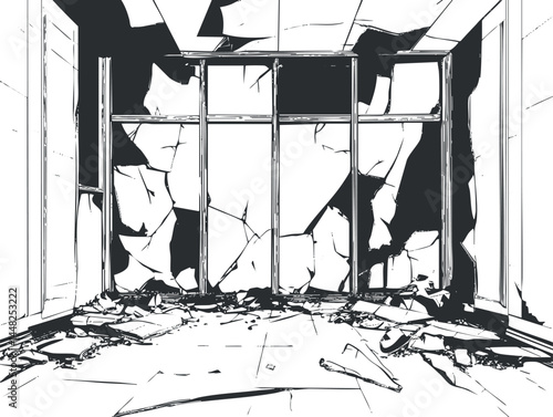 Black and white line art illustration of a damaged room with cracked and broken walls and debris scattered on the floor