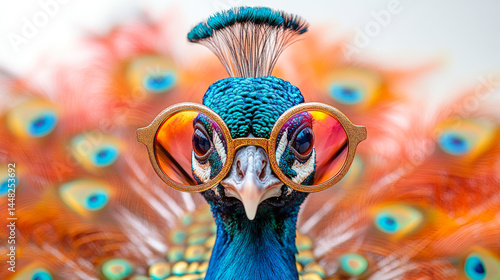 Colorful peacock wearing stylish round sunglasses, combining vibrant plumage with quirky fashion for a humorous and eye-catching visual concept.
