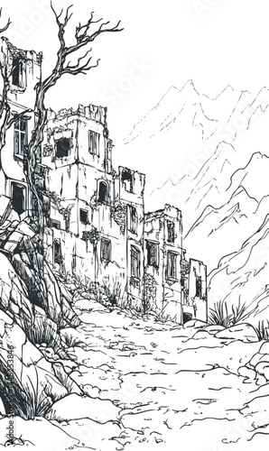 Black and white drawing of abandoned ruined buildings on rocky path with mountains in background
