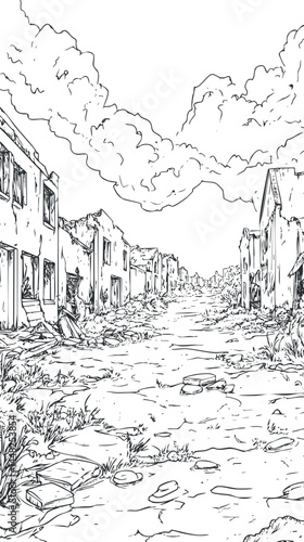 Black and white drawing of a deserted street with abandoned and ruined buildings on both sides under a cloudy sky.