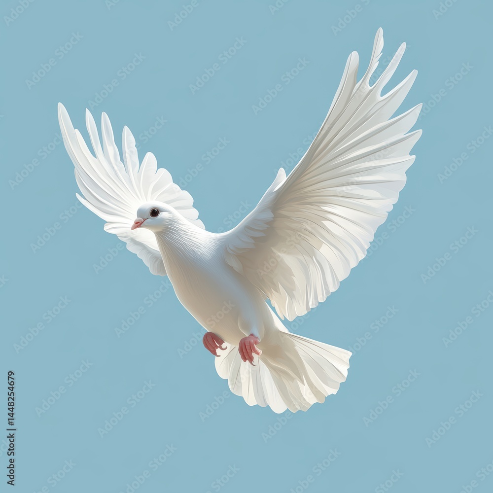 White dove, a symbol of peace and love, takes flight across the vast blue sky White dove, a symbol of peace and love, takes flight across the vast blue sky