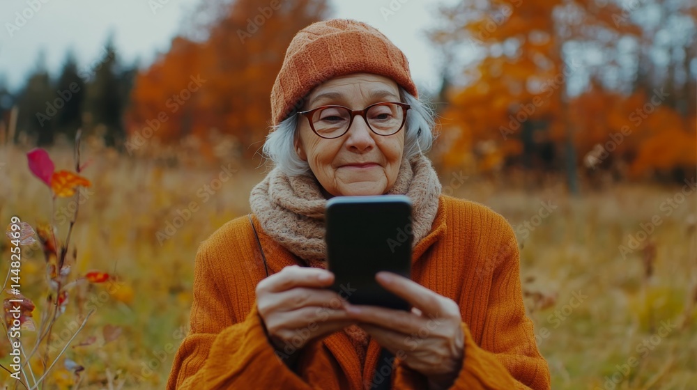 An older woman is sitting in a field and looking at her cell phone. She is wearing an orange sweater and a knit hat An older woman is sitting in a field and looking at her cell phone. She is wearing an orange sweater and a knit hat