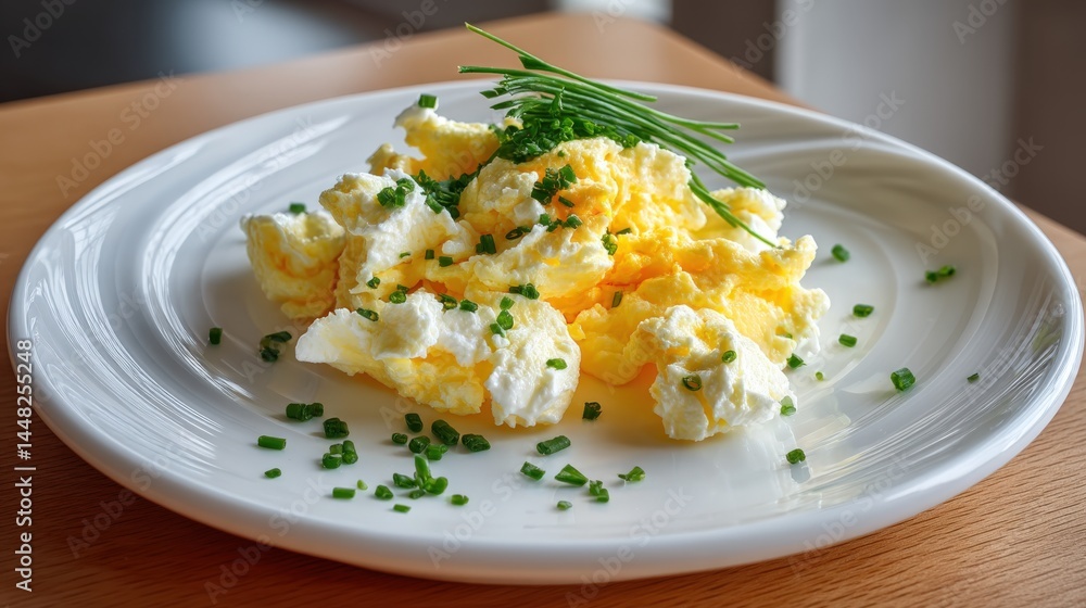 Scrambled egg whites topped with fresh chives on a white plate Scrambled egg whites topped with fresh chives on a white plate