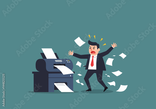 Frustrated businessman angrily confronts a malfunctioning printer, papers flying everywhere. A humorous depiction of office stress and technology woes. Commercial use.